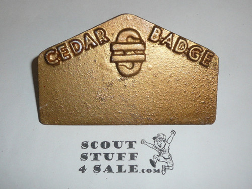1950's Los Angeles Area Council Cedar Badge Junior Leader Training Program cast metal Neckerchief Slide, Gold color