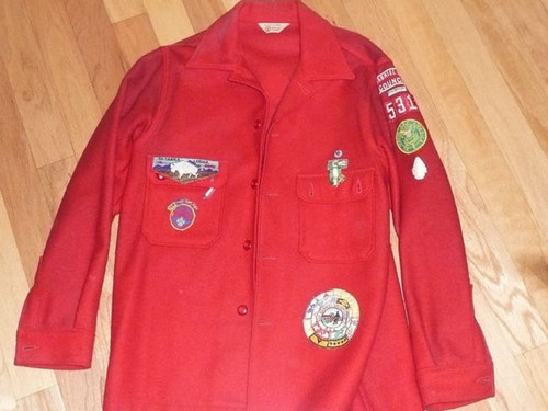Official Boy Scouts of America Red Wool Jacket with Patches - 30"L x 19"W