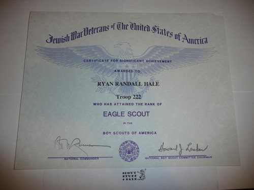 1970's Jewish War Veterans of the USA certificate for Eagle Scout, presented