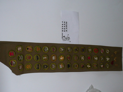 1940's Boy Scout Merit Badge Sash with 41 crimped merit badges (a few cut down squares), 5 rank pins