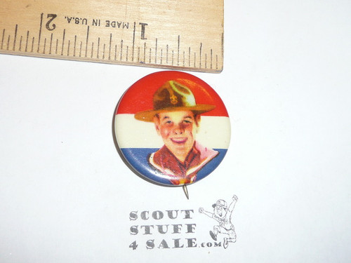 Front view Boy Scout Red/White/Blue Celluloid Boy Scout Button, 1940's