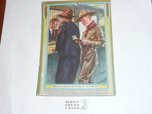 "Scout Law No. 9 - A Scout is Thrifty", Henry Hintermeister 1920's Boy Scout Painting Reproduced on Cardstock, 4"x5", hole punched at top