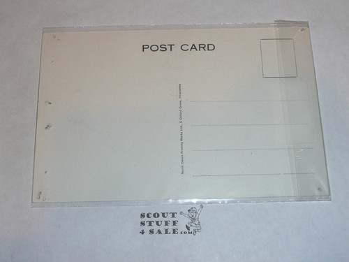 1957 World Jamboree Post Card, #6 of 12 Post card set drawn by Sid Wright, pin holes around the edge from tacking to a bulletin board