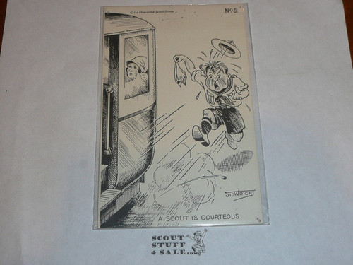 1957 World Jamboree Post Card, #5 of 12 Post card set drawn by Sid Wright, pin holes around the edge from tacking to a bulletin board