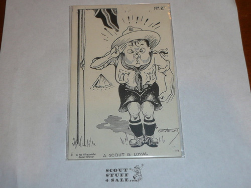 1957 World Jamboree Post Card, #2 of 12 Post card set drawn by Sid Wright, pin holes around the edge from tacking to a bulletin board