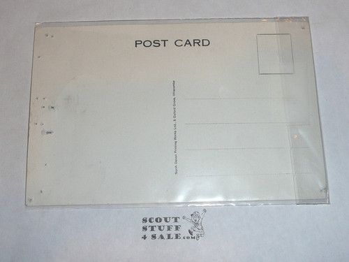1957 World Jamboree Post Card, #1 of 12 Post card set drawn by Sid Wright, pin holes around the edge from tacking to a bulletin board