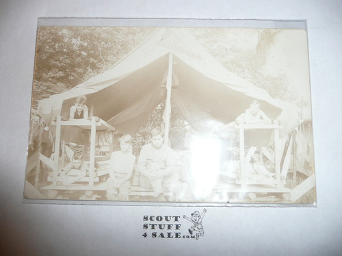 Photograph Post Card of Boy Scouts at summer camp tent, 1920s, some fade