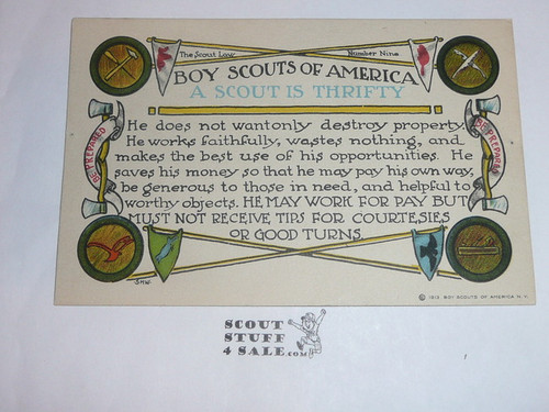 1913 Boy Scout Authorized Scout Law Postcard Series, #9 Thrifty, Mint and never mailed