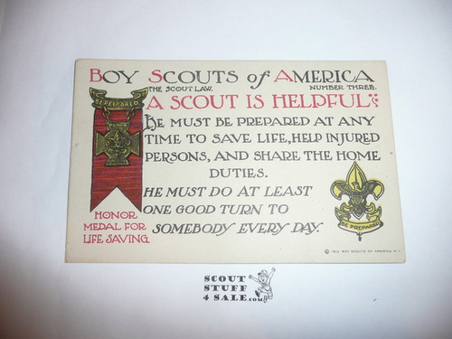 1913 Boy Scout Authorized Scout Law Postcard Series, #3 Helpful, Mint and never mailed