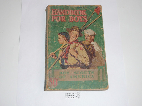 1940 Boy Scout Handbook, Fourth Edition, Thirty-third Printing, Norman Rockwell Cover, cover shows wear and is wearing through at the spine but the , distributed by American Newsbook is solid
