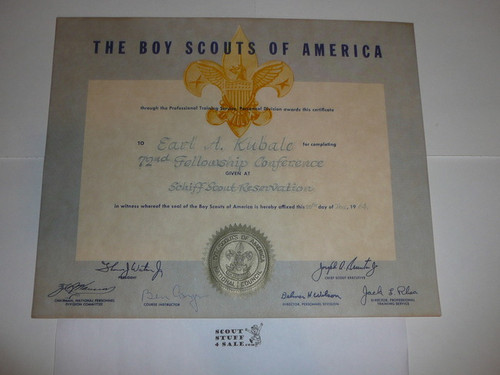 1964 Professional BSA Certificate for attendance at 72nd Fellowship Conference at Schiff, presented