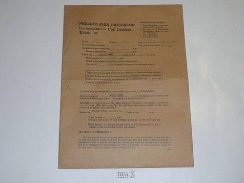 1957 National Jamboree Philadelphia Excursion Instruction for Unit Leaders Envelope