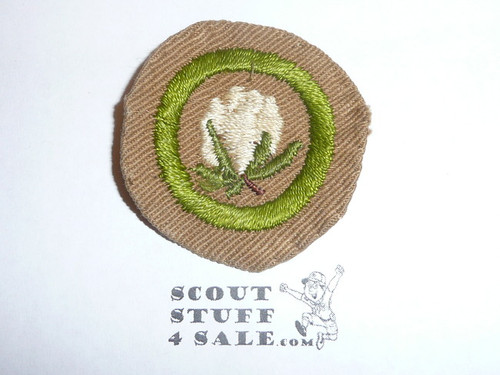 Cotton Farming - Type B - Wide Crimped Bdr Tan Merit Badge (1934-1935), Only 555 issued, was sewn but in very good condition