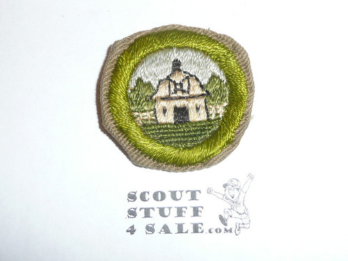 Farm Layout & Building Arrangement - Type C - Tan Crimped Merit Badge (1936-1946), was sewn but in very good condition