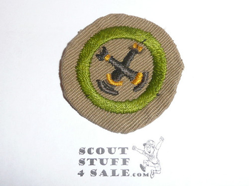 Firemanship - Type B - Wide Crimped Bdr Tan Merit Badge (1934-1935), was sewn but in very good condition