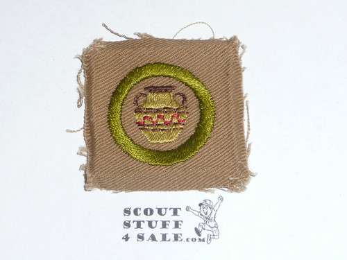 Pottery - Type A - Square Tan Merit Badge (1911-1933), tan pot, black strip and BSA emblem on back