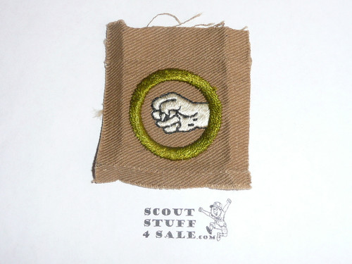 Physical Development - Type A - Square Tan Merit Badge (1911-1933), lt use and large piece of cloth