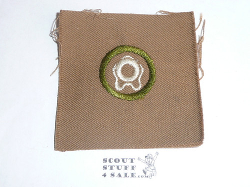 Lifesaving - Type A - Square Tan Merit Badge (1911-1933), TEENS variety, huge piece of cloth, brown striped back