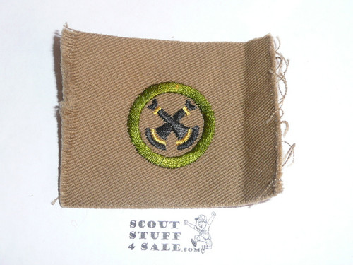 Firemanship - Type A - Square Tan Merit Badge (1911-1933), TEENS variety, black striped back, oversized cloth