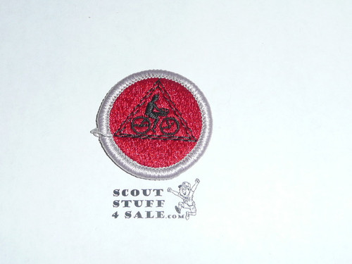 Cycling (Triangle with bike) (Silver bdr) - Type H - Fully Embroidered Plastic Back Merit Badge (1972-2002)