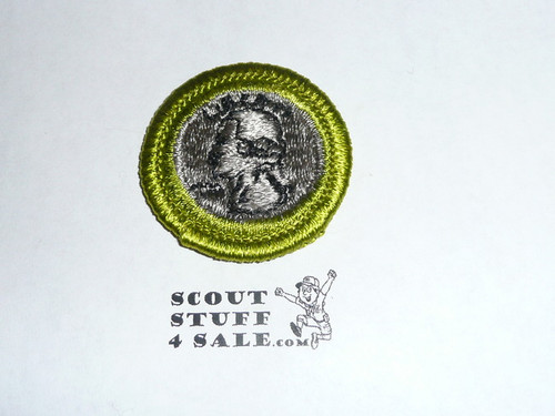 Coin Collecting (black letters),green ring - Type H - Fully Embroidered Plastic Back Merit Badge (1972-2002)