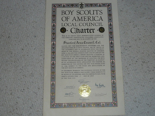 1949 Council Charter Certificate, Stanford Area Council, Original Arthur Schuck Signature, 5 year Veteran