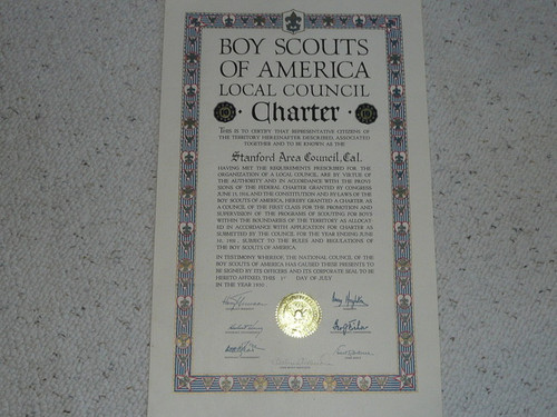 1950 Council Charter Certificate, Stanford Area Council, Original Arthur Schuck Signature, 10 year Veteran