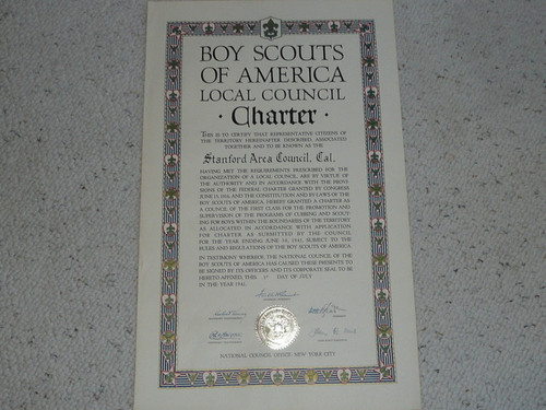 1942 Council Charter Certificate, Stanford Area Council, Original James E. West Signature