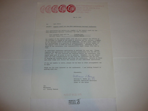 1975 National Order of the Arrow Conference (NOAC) Stationary with memo from Bill Downs National Secretary