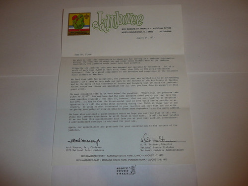 1973 National Jamboree National Letter of thanks to Jamboree Scoutmaster