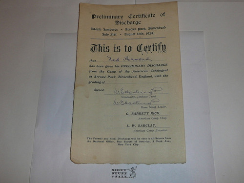 1929 World Jamboree Preliminary Certificate of Discharge for US Contingent Member