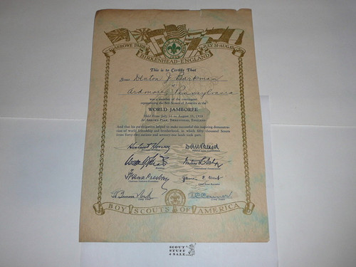 1929 World Jamboree USA Contingent Member Recognition Certificate, presented