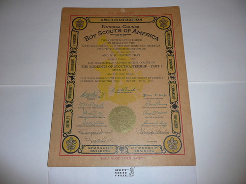 1935 Elements of Scoutmastership Part I Training Certificate, Presented