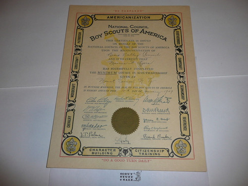 1929 Minimum Course in Scoutmastership Training Certificate, Presented