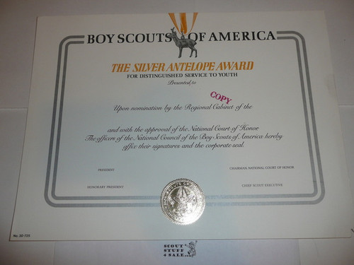 1970's Silver Antelope Certificate, blank with copy stamped on it