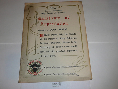 1957 National Jamboree Region 12 Certificate of Appreciation, presented