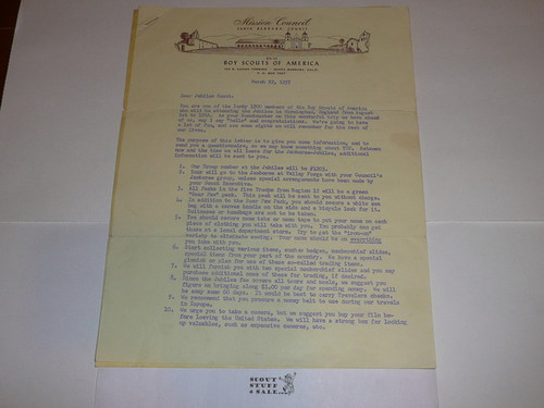 Mission Council Council Stationary, 1957 letter from Scout Executive regarding Jamboree