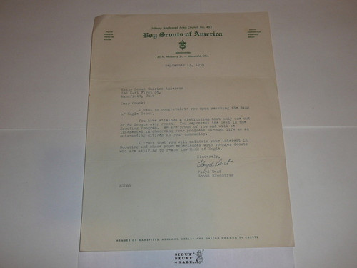 Johnny Appleseed Council Stationary, 1954 letter from Scout Executive