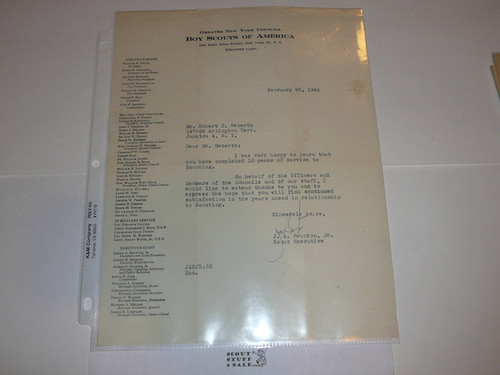 Greater New York Councils Stationary, 1946 letter from J.A. Brunton then Scout Executive (1950's Chief Scout Executive)