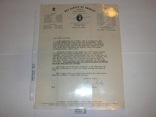 Akron Area Council Stationary, 1937 letter from the Scout Executive Theo Foley #2