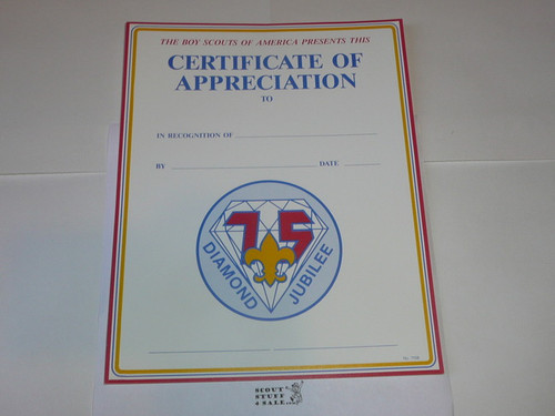 1985 BSA 75th Anniversary Certificate of Appreciation, blank