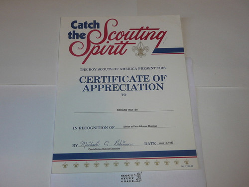 1983 Catch the Scouting Spirit Certificate of Appreciation, presented