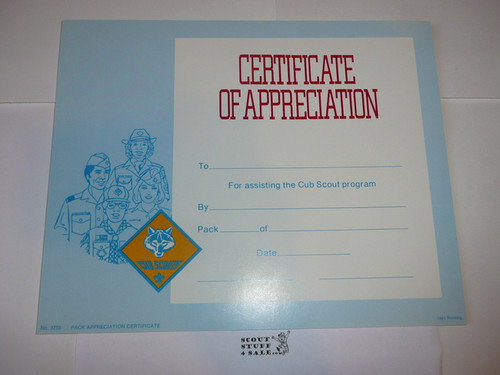 1981 Pack Appreciation Certificate, blank
