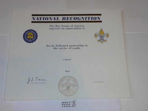 1980's PTA National Recognition Certificate of Appreciation, blank
