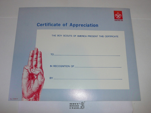 1977 Certificate of Appreciation, Scout Sign, Blank