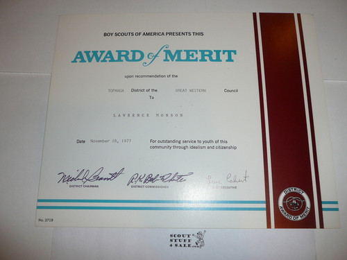 1977 Award of Merit Certificate, presented