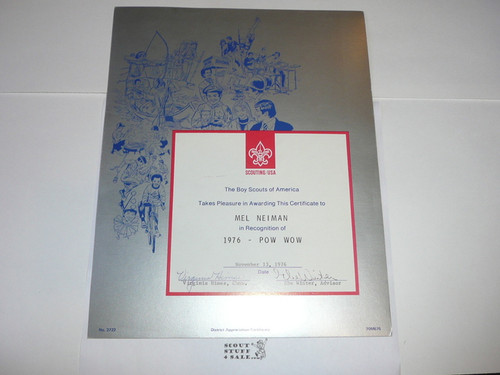 1976 District Appreciation Certificate, presented