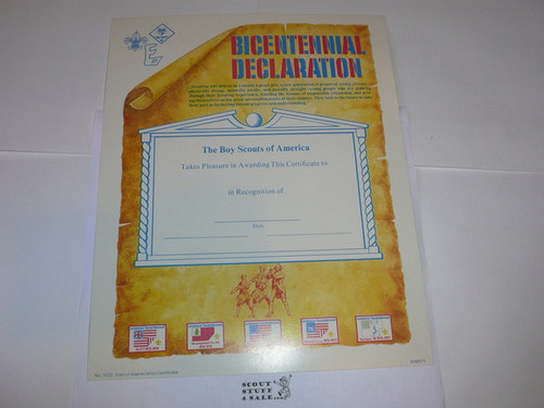 1976 Bicentennial Declaration Certificate of Appreciation, blank