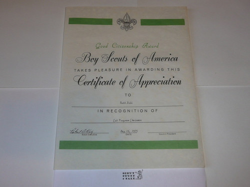 1975 Good Citizenship Award Certificate, presented