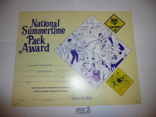 1974 National Summertime Pack Award Certificate, blank